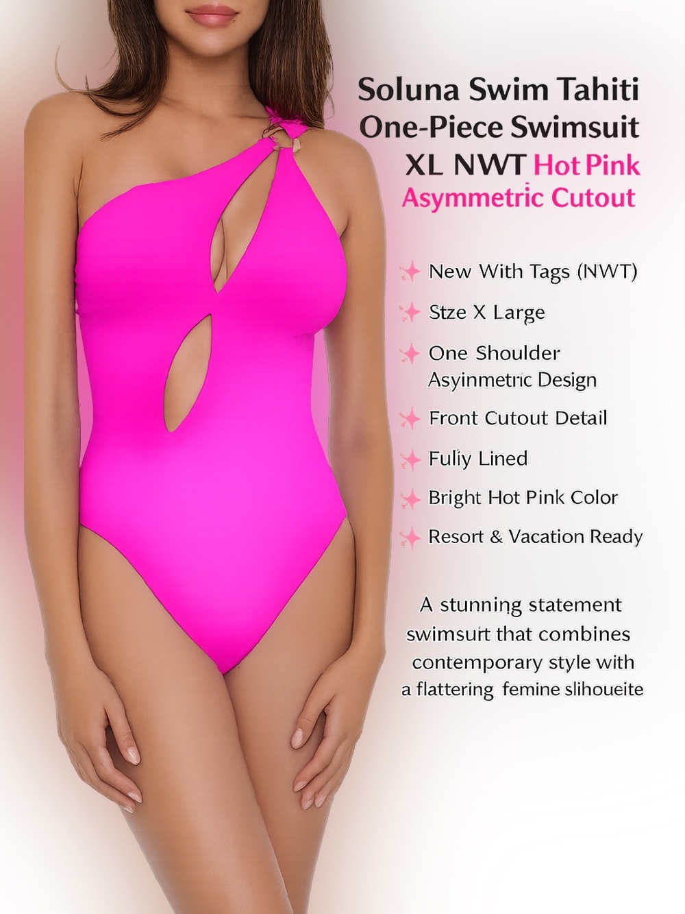 Soluna Swim Tahiti One-Piece Swimsuit XL NWT Hot Pink Asymmetric Cutout